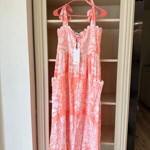 Juliet Dunn Coral and White Floral Tie-Shoulder Dress